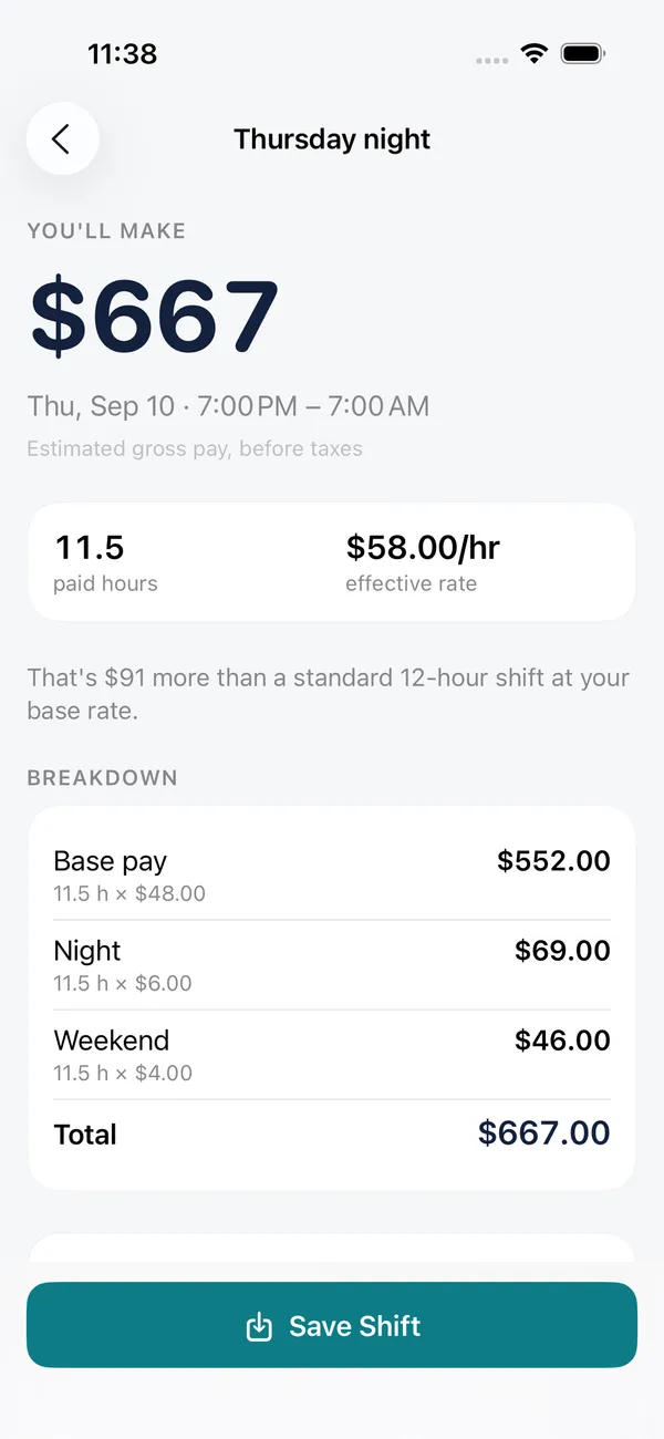 Nurse Pay iPhone app showing a Thursday night shift paying $667, with base pay, night and weekend differential lines